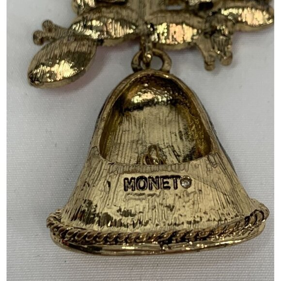 Monet 1990's Holiday Bell Bejeweled Christmas Brooch Pin Golf Tone Red Green 2" - Picture 2 of 6